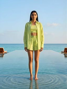 Poppi - Green Linear Printed Shirt and Shorts Set with Bustier