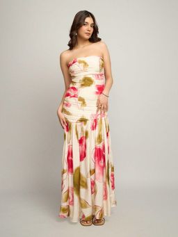 Poppi - Cream Rose Printed Maxi Dress With Versatile Detachable One-Shoulder Drape