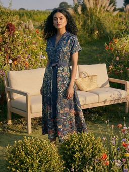 House of Fett - Women Navy Blue Floral Midi Dress with Belt