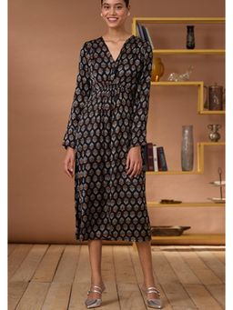 Okhai - Royal Topaz Handblock Printed Modal Ajrakh V-Neckline Dress
