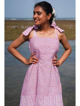 Okhai - Lily Nymph Handblock Printed Pure Cotton Purple Dress