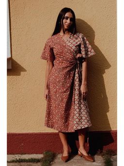 Okhai - Red Heart Handblock Printed Pure Cotton Wrap Dress