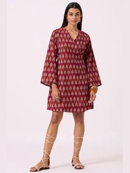 Okhai - Pomello Pure Cotton Ikat Maroon Wrap Dress
