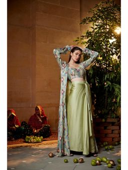 Amrood - Pistachio Drape Skirt with Hand Block Printed Blouse and Jacket
