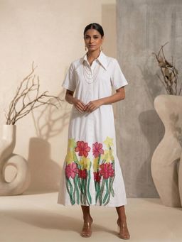 THETAA - White Cerise Women Embroidered Poplin Dress