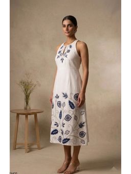 THETAA - White Indira Long Women Embroidered Cotton Linen Dress