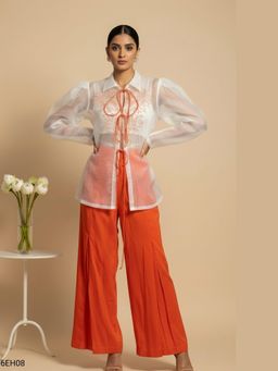 THETAA - Women's Red Solara Embroidered Cotton Satin Shirt with Crop Top and Palazzo