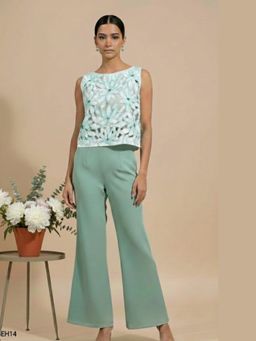 THETAA - Women's Sage Green Elara Hand-Embroidered Poplin Sleeveless Top With Pant