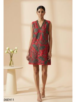 THETAA - Red Viva Women Embroidered Chanderi Cotton Dress