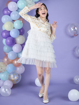 Cherry & Jerry - Girl White Golden Foil Neoprine & Mesh Knee Length Dress