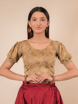 BINDIGASM'S ADVI - Gauri Puff Sleeve Check Pattern Glitter Stretchable Slip On Stitched Blouse - Beige