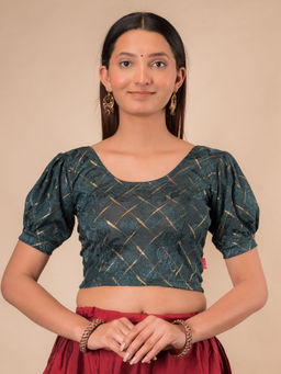 BINDIGASM'S ADVI - Gauri Puff Sleeve Check Pattern Glitter Stretchable Slip On Stitched Blouse - Green