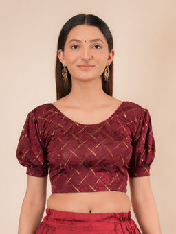 BINDIGASM'S ADVI - Gauri Puff Sleeve Check Pattern Glitter Stretchable Stitched Blouse - Maroon