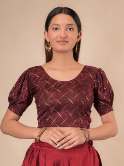 BINDIGASM'S ADVI - Gauri Puff Sleeve Check Pattern Glitter Stretchable Slip On Stitched Blouse - Wine
