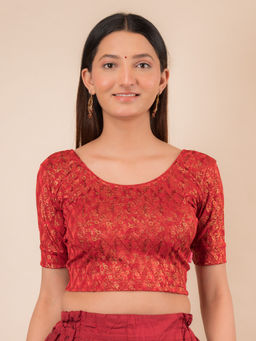 BINDIGASM'S ADVI - Abha Gold Print Stretchable Slip On Stitched Blouse - Red