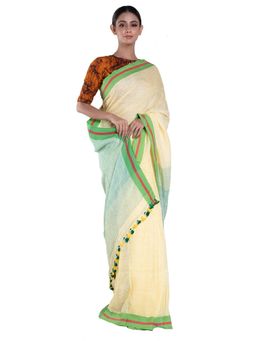Boveee - Cappuccino Handloom Linen Saree With Green Border Pallu with Unstitched Blouse