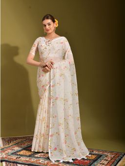 Odette - White Linen Designer Saree with Unstitched Blouse