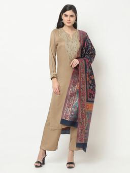 Safaa - Womens Beige Acro Wool Woven Unstitched Suit with Katan silk Dupatta (Set of 3)
