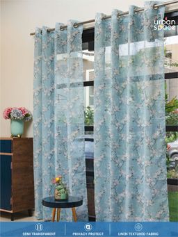 Urban Space - Printed Sheer Linen Curtains 5ft for Window-Tulip Blue (Pack of 2)