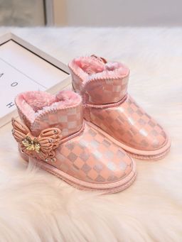 Hopscotch - Girls Peach and Grey Checkered Snow Boots