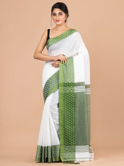 LAA CALCUTTA - White Handloom Saree with Unstitched Blouse
