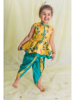 SAKA DESIGNS - Yellow Jacquard Peplum with Double Frills and Turquoise Dhoti (Set of 2)