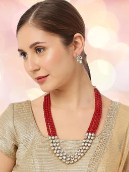 OOMPH - Maroon Red Pearls & Kundan Ethnic Mala Long Necklace Set with Drop Earrings