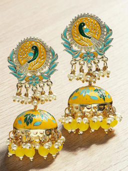 OOMPH - Yellow & Firozi Blue Jhumka Earrings Peacock Meenakari Design