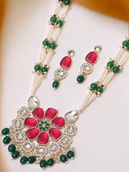 OOMPH - Green & Rani Pink Long Mala Jada Necklace Set Kundan Studded With Earrings