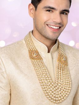 OOMPH - White Pearls and Stones Moti Mala Necklace for Men