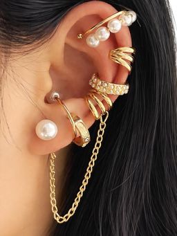 OOMPH - Gold and White Pearl Party Wear Ear Cuff Earrings For Women (Pack of 8)