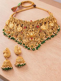 OOMPH - Multi-Color Laxmi Design Gold Temple Necklace with Earrings