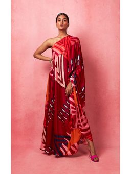 Vedika M - Multi-Color One Shoulder Drape Maxi Dress