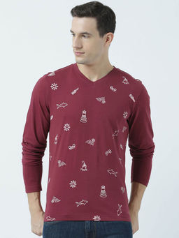 Huetrap - Mens Wine Full Sleeves V Neck T-shirt