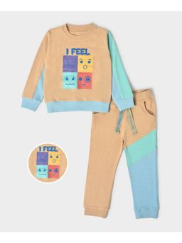 Mi Arcus - Unisex Kids Beige Blue Printed Sweatshirt with Pyjama (Set of 2)