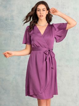 FabAlley - Purple Flared Sleeve Wrap Dress with Belt (Set of 2)