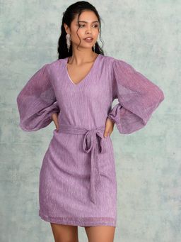 FabAlley - Lilac Textured A Line Dress with Tie Up Belt (Set of 2)