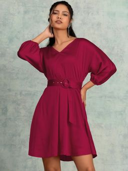 FabAlley - Hot Pink Satin Shift Dress with Belt (Set of 2)