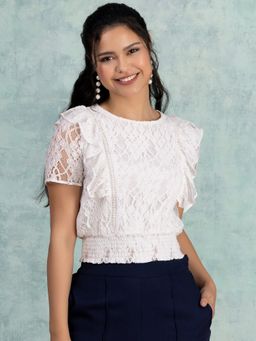 FabAlley - White Smocked Waist Lace Top