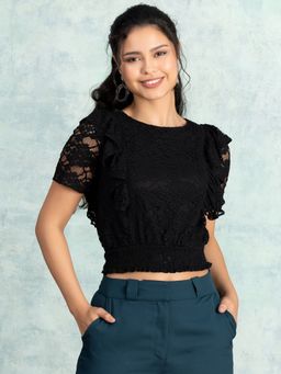 FabAlley - Black Smocked Waist Lace Top