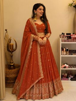Kedar Fab - Rust Embroidered Lehenga Choli with Dupatta