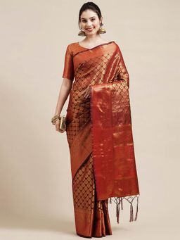 Odette - Red Festive Silk Blend Woven Design Saree with Unstitched Blouse