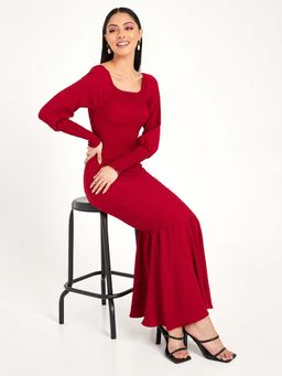 Styli - Maroon Long Sleeves Smock Detail Bodycon Maxi Dress