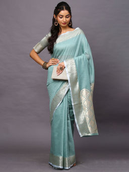 Akhilam - Women's Linen Blend Sea Green Woven Design Designer Saree with Unstitched Blouse