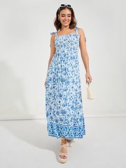Styli - Women Blue Floral Printed Tiered Square Neck Maxi Dress