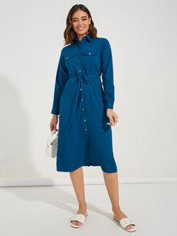 Styli - Women Teal Blue Shirt Solid Full Sleeves Midi Dress with Tie Up Belt (Set of 2)