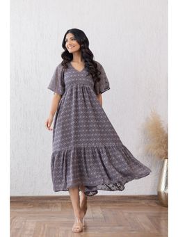 Polago Clothing - Grey Jacquard Midi Dress