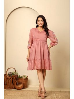 Kasya - Pink Embroidered Organza Tiered Knee Length Dress