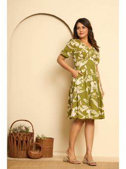 Kasya - Green Cotton Printed Knee Length Dress