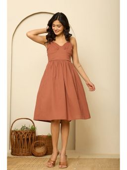Kasya - Brown Cotton Shoulder Straps Sleeveless Knee Length Dress